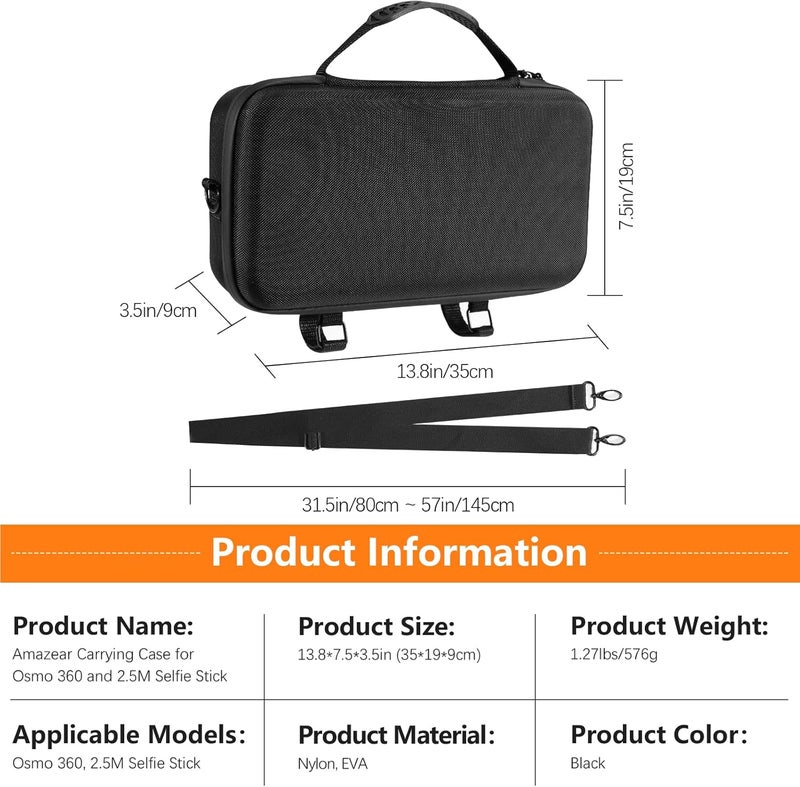 AMAZEAR Carrying Case for DJI Osmo 360 Accessories, Portable Nylon Osmo360 Action Camera Travel Bag with Shoulder Strap Fit 2.5M 8.2ft Selfie Stick (Black) - Image 5